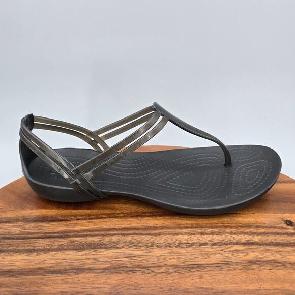 Crocs Isabella Sandals Women's 7 Black Jelly T Strap Slip On Thong Comfort Flats - Picture 1 of 7